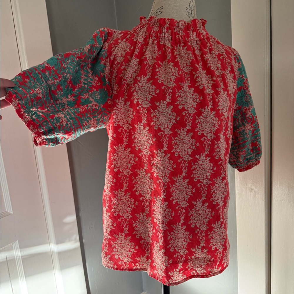 THML Red and Teal Mixed-Print Off-Shoulder Top